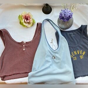 American Eagle Outfitters Striped Maroon, Light Blue, and Dark Gray Tank Tops